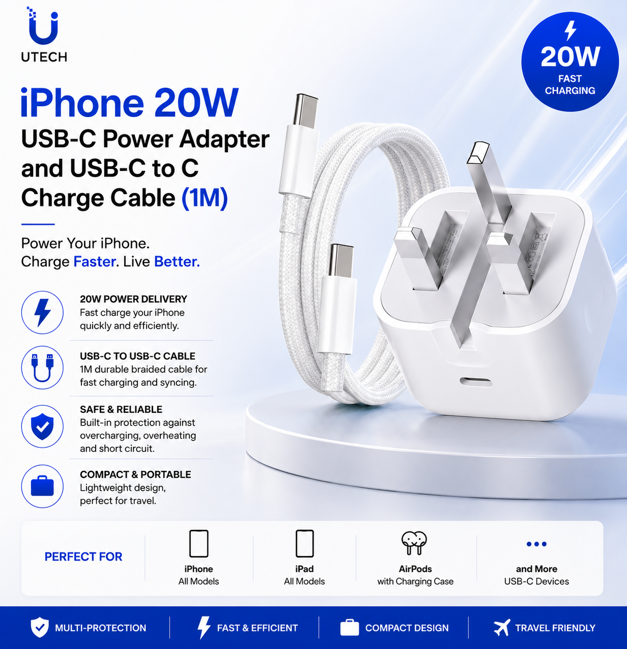iPhone 17 16 15 Charger,Fast Charger USB C to C Cable and Plug UK 20W