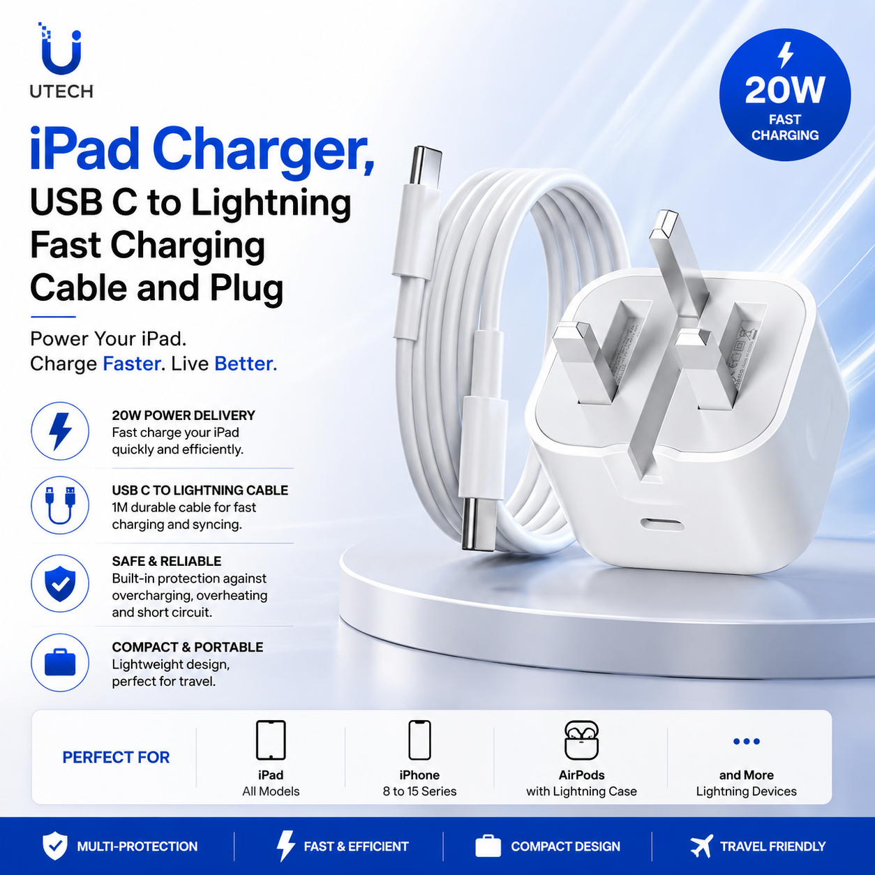 iPad Charger,USB C to Lightening Fast Charging Cable and Plug